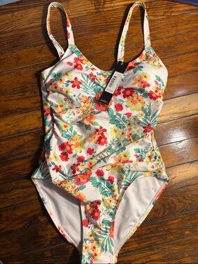 Nicole Miller White Floral One-Piece Swimsuit with Red, Yellow & Green Print